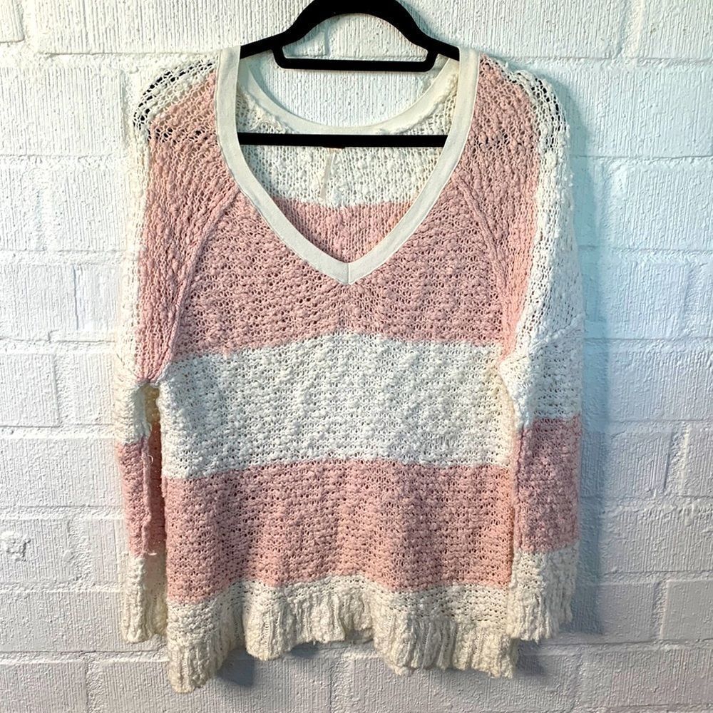 Free People Striped Pink White V neck Oversized Sweater sz XS